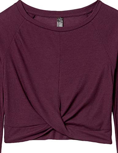 Amazon Brand - Core 10 Women's Ultra-Lightweight Semi-Sheer Ribbed Knit Knot Front Cropped Long Sleeve Yoga Shirt, Blackberry, Small