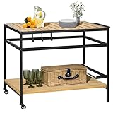 LOKLNEYK Servierwagen im Industrie-Design, Wetterbeständiger Grilltisch mit 2 Ablagen & 3 Haken, Outdoor Barwagen aus Holz & Stahl, Mobiler Küchenwagen mit Rollen Beistellwagen für Garten & Küche