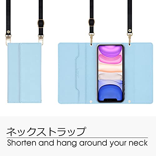 [SHARP公式認定] LOOF Strap AQUOS sense5G / sense4 / sense4 lite / sense4 basic やさしいスマホ2用 ケース 手帳型 ショルダーストラップ ショルダータイプ 首掛けストラップ ネックストラップ 取り外し可能 長さ調節 肩掛け シンプル レディース メンズ 観戦 耐衝撃 落下防止 かわいい カード収納ポケット (ブルー)
