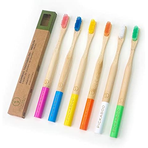 Cepillos de dientes de bambú biodegradables PICKABOO, set de 6 con cerdas de dureza media Cover