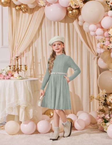 Image of Arshiner Girls Dresses Long Sleeve A Line Knit Sweater Dress with Pockets