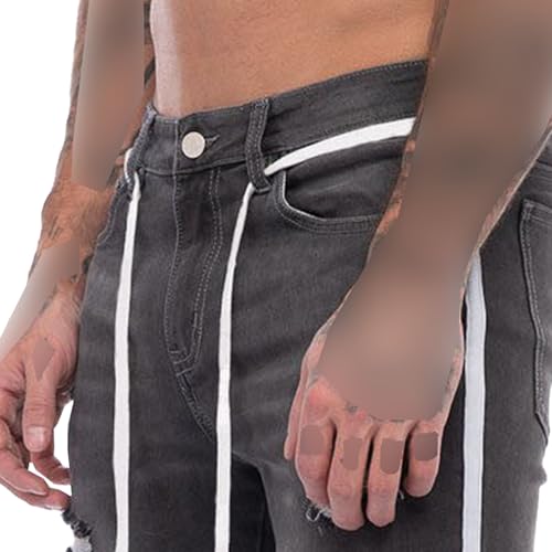 Mens Slim Fit Jeans with Drawstring Ripped Stretch Distressed Destroyed Pants Side Striped Broken Hole Trousers2