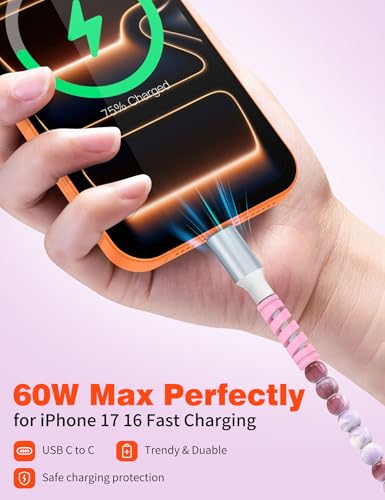 Image of USB C to USB C Cable 3FT,60W Beaded Phone Fast Charging Cord&Car Charger for iPhone 17 16 15 Pro Max /iPad Air 10th A16 for Samsung S26 S25 S24 Ultra A17 Android Phone Charger Cute Girl Women,PurpleRed