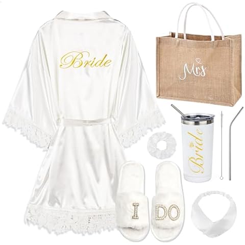 6 Pcs Wedding Bridal Gifts Bridal Embroidered Lace Robe Sets with gold pearl slippers and Bride Tote Bag Bride Tumbler headband silk hair ties for Engagement Bachelorette Party gifts(LXL) Cover