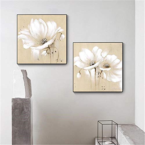 Peinture murale abstraite salon toile fleurs blanches 70x70 cm décoration murale moderne