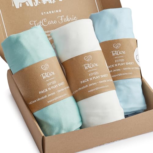 TotCare Graco Pack and Play Sheets Fitted – Compatible with Graco Pack n Play Playard Crib & Other 27 x 39 Inch Playpen Mattress, Buttery Soft Jersey Cotton Playard Sheets, Blue Sage Cloud 3 Pack