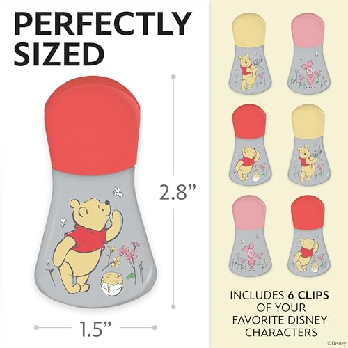 Image of Disney Winnie the Pooh Magnetic Chip Clips, Set of 6 | Airtight food storage bag clips for snack, cereal, and coffee bags, great for pantry and fridge, magnet displays kids artwork