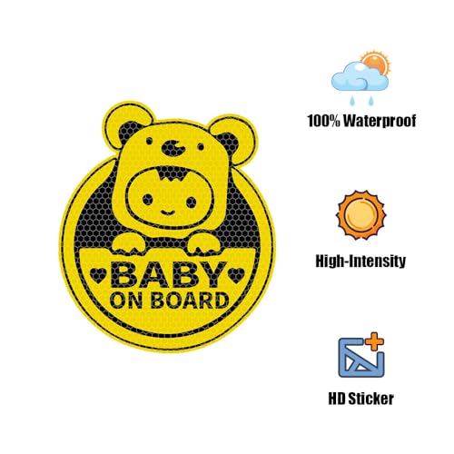 Image of 2PCS Baby On Board Sticker for Cars,Reflective Baby in Car Safety Sign Decal for Rear, Side Windows, Bumpers- Bright Yellow, Durable (Bear)