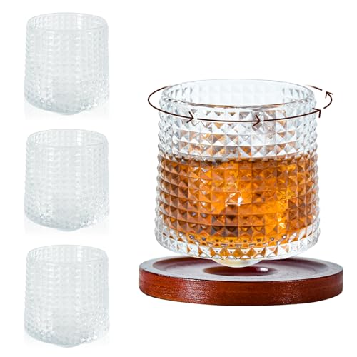 CHLJAR Whiskey Glasses Set of 4, Rotatable Old Fashioned Glasses with Four Walnut Coasters, Old Fashioned Thick Weighted Bottom Rocks Glasses for Bar, Party and Home, Favorite Whiskey Glasses for Men