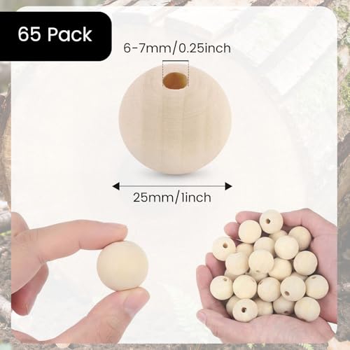 image for BigOtters 65-Pack 25mm (1 Inch) Natural Unfinished Wood Beads, Round S
