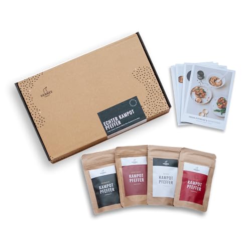 Hennes Finest Geschenkbox - Kampot Pfeffer Mischung (grober Pfeffer), mit 4 Pfeffer Sorten...
