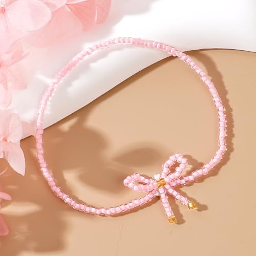 Pink White Bow Seed Beaded Bracelets Set for Women,Cute Boho Small Beads Handmade Stack Adjustable Friendship Ribbon Bracelet Holiday Prom Fashion Jewelry Gift.4