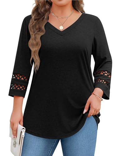 IN'VOLAND Womens 3/4 Sleeve Tunic Tops Plus Size Summer Black T-Shirt V Neck Button Up Dressy Blouse Casual Henley Shirts