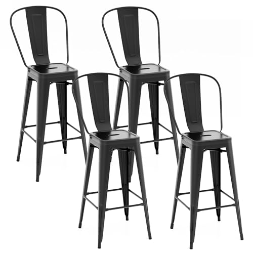 Juego de 4 taburetes de bar metálicos Giantex, altura 30 pulgadas con respaldo alto y reposapiés, respaldo desmontable, pies de goma, taburetes apilables de estilo industrial para isla de cocina, mostrador, interior y exterior, color negro