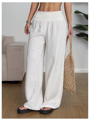 Women's Smocked Wide Leg Lounge Pants Ruffle Trim High Waisted Baggy Palazzo Pants Trousers4