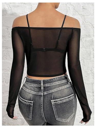 SHENHE Women's Off Shoulder Sheer Mesh Cropped Tee Long Sleeve Sexy Slim Fit Shirt Top2