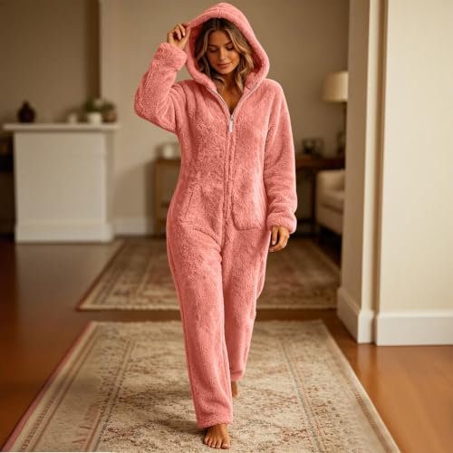 Fleece Pajamas Women Onesie Teddy Bear Ear Hooded Zip Up Fluffy Loungewear - image 3