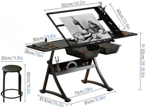 Adjustable Modern Drafting Desk with Glass Top, Storage Drawers & Shelves - Ideal for Artists & Architects, Black with 2 Side Trays for Tracing & Drafting.