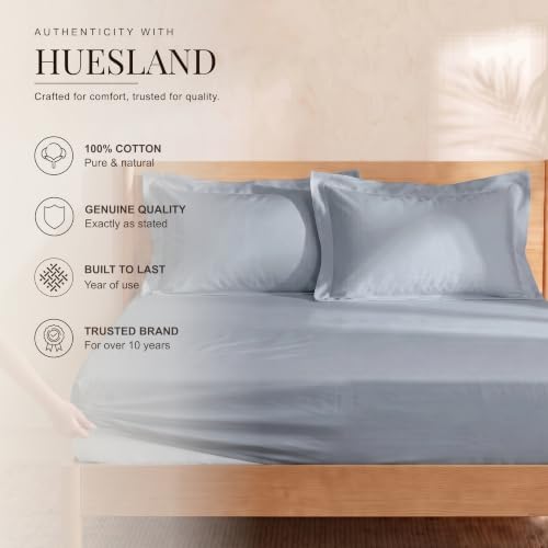 Image of Huesland 300 TC Premium 100% Pure Cotton Luxe Soft Touch Fitted King Size Bedsheet Cotton with 2 Pillow Covers | Greyish Blue | 72 x 78 Inches
