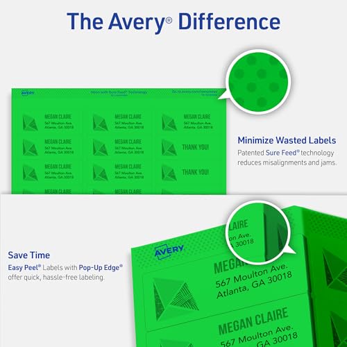 Image of Avery Printable Address Labels, Sure Feed Technology, 1 inch x 2-5 /8 inch, Neon Green, Laser & Inkjet Compatible, 750 Blank Labels Total, Great for Branding, Mailing, Organizing, and More (5971)