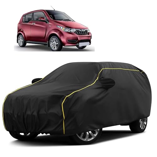 Image of Sulfar 100% Water Resistant Car Body Cover Compatible with Mirror for Mahindra e2o (Triple Stitched, Full Bottom Elastic, Black Taffeta with Yellow Piping)