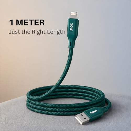Image of PHILIPS DLC4130VT /94 20W iPhone Original Type-A to Lightning Fast Charging Cable (1m, Crystal Teal) | MFi Certified | 480Mbps | Nylon Braided | Compatible with iPhone & Other Lightning Devices