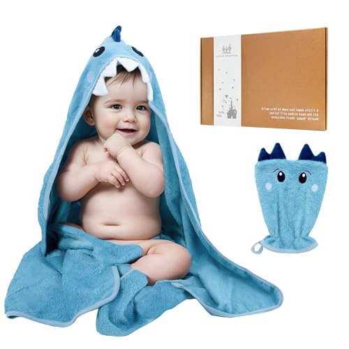 Miracle Baby Toalla de Baño Bebé 90X90 cm Toalla con Capucha Infantil de Algodón y Bambú Orgánico Albornoz para Niño y Niña, Súper Absorbente y Lavable a Máquina (Tiburón Azul)