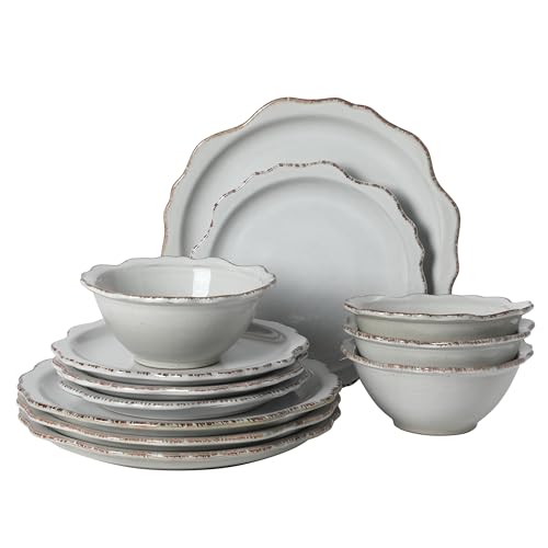 Image of Gibson Elite Kennon Road Plates and Bowls Set, 12-Piece Dinnerware Set, White Scalloped Stoneware Dishes, Dinner Plates, Salad Plates & Cereal Bowls, Reactive Glaze