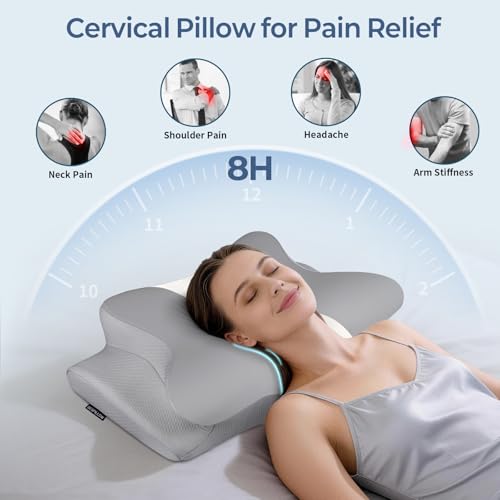 Image of Cervical Neck Pillow for Pain Relief, Contour Memory Foam Pillows for Sleeping, Ergonomic Pillow Orthopedic Cooling Pillow Bed Pillow Neck Support for Side Back Stomach Sleepers（Grey&White