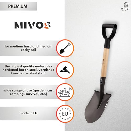 MIVOS Camping-Spaten aus Gehärtetem Borstahl - Länge 66 cm - Spatenschaufel - Survival-Schaufel mit Holzstiel - Kleiner Spitz-Spaten mit D-Griff - Grabspaten - Feldspaten - Made in EU