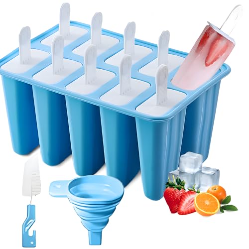 Silicone Popsicle Molds 10 Pcs Ice Pop Maker Molds with 10 Reusable Sticks, Cleaning Brush and Funnel - Homemade Easy-Release Reusable Popsicle Moulds Shapes (Blue)