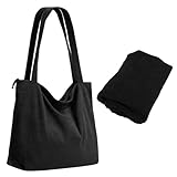 Varenzya Sac Velours Cotelé Femme 45x12x36 cm, Tote Bag Noir, Cabas Femme en Velours Côtelé avec Fermeture Éclair, Sac Fourre Tout Femme, pour École, Travail, Shopping, Voyages