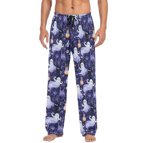 Men's Pajama Pants,Cats and Ghosts Lounge Lightweight Sleep Bottoms Pants with Pockets Size S-XXL