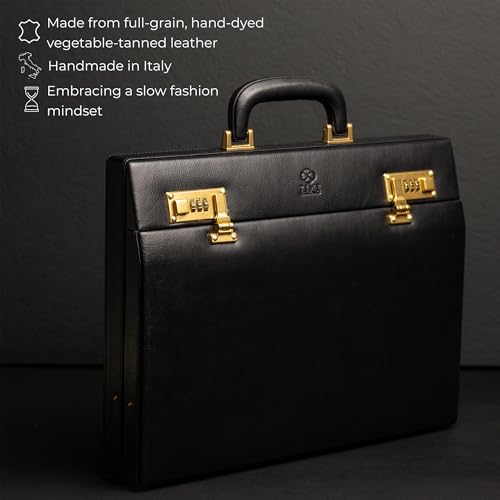 Time Resistance Leather Attache Case - Aktówka z włoskiej skóry licowej - Torba na laptopa do 15 cali - Twarde etui z zamkiem, Czarny