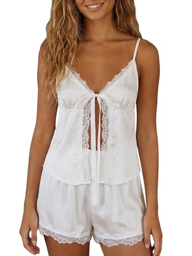 Anuedgis Ensemble pyjama en satin avec bordure en dentelle pour femme sans manches avec haut et short à nouer sur le devant pour la détente, vêtements de...