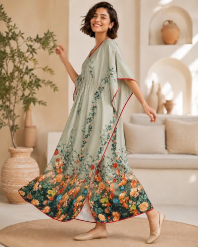 Image of Noty Women's Kaftan Nighty | Digital Print | Sarena Fabric | V Shaped Neck Nightwear | Nightdress for Girl