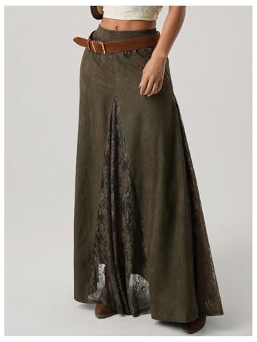 MakeMeChic Women's Vintage Floral Lace Maxi Skirt Flowy Elastic Waist A Line Skirts4