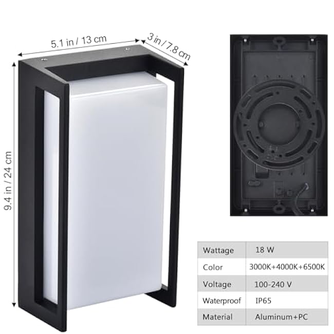 wowlite Outside Lights for House LED, 18W Modern Front Porch Light 3000K 4000K 6500K 3 Colors Changeable, Aluminum Outdoor Light Fixture, Exterior Sconce for Garage Garden Patio