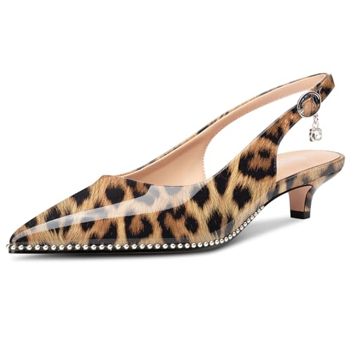Image of TNYNFBEB Womens Low Kitten Heel Close Pointed Toe Pumps Slingback Silver Beaded Buckle Prom Party Dress Patent Leather 1.4 Inches Heels