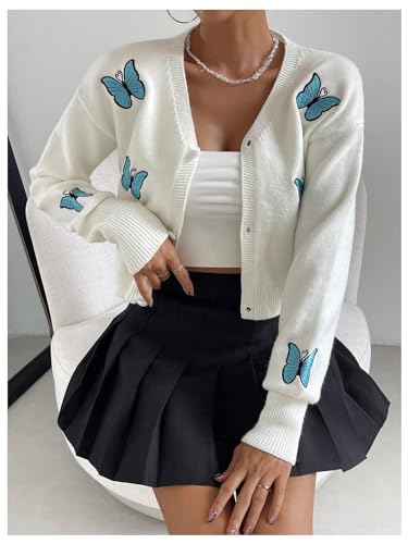 Gorglitter Women'S Butterfly Embroidery Button Down Crop Cardigan Long Sleeve V Neck Knit Top White Medium thumb #5