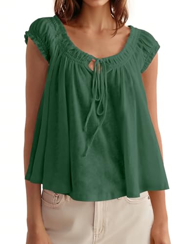 Image of Tankaneo Women Summer Tie Front Tank Tops Cap Sleeve Pleated Babydoll Tops Casual Loose Fit Going Out Flowy Shirt