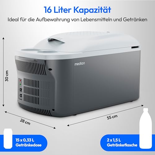 MEDION Kühlbox 2in1 Kühlen und Wärmen (16 Liter, mobile elektrische Auto Kühlbox, Thermo-elektrisch, Mini Kühlschrank, 2in1 Anschluss 230V & 12V, Tragegurt, für Urlaub, Camping und Reisen, MD13100)