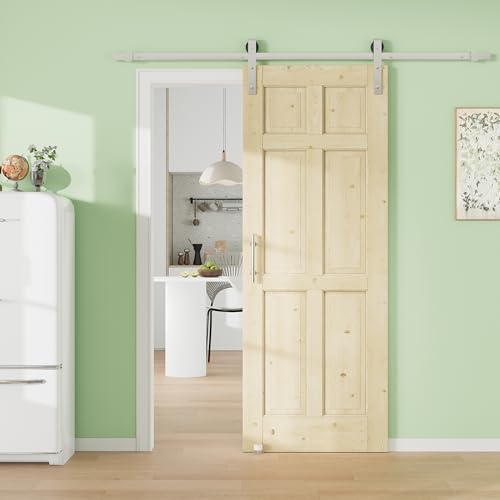 Image of 36 inch x 80 inch Presembled 6 Raised Panels Barn Door with 72 inch Track Kit, Pine Wood Sliding Barn Doors for Closet Kitchen Bedroom Pantry, Excellent Sound & Thermal Insulation, Nickel-Plated Hardware Kit