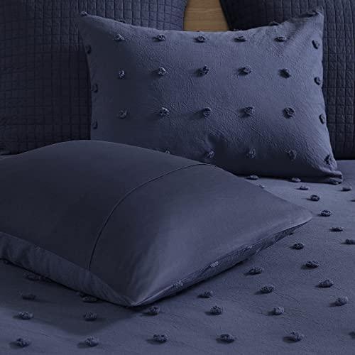 Urban Habitat Cotton Comforter Set - Jacquard Tufts Pompom Design All Season Bedding, Matching Shams, Decorative Pillows, Full/Queen (88 In X 92 In), Navy 7 Piece #TOP5