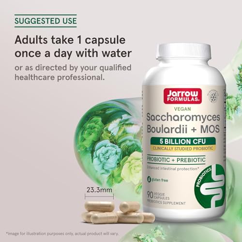 Image of Jarrow Formulas Saccharomyces Boulardii + MOS - 5 Billion Viable Organisms Per Serving - 90 Delayed Release Veggie Caps, 2 Pack - Probiotic + Prebiotic - Intestinal Tract Support - Up to 180 Servings