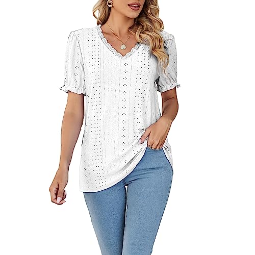 JEKE-DG Women V Neck Casual Short Sleeve Chiffon Shirt Solid Color Hollow Ruffle Sleeve Tops Blouse Tops (Small,White)