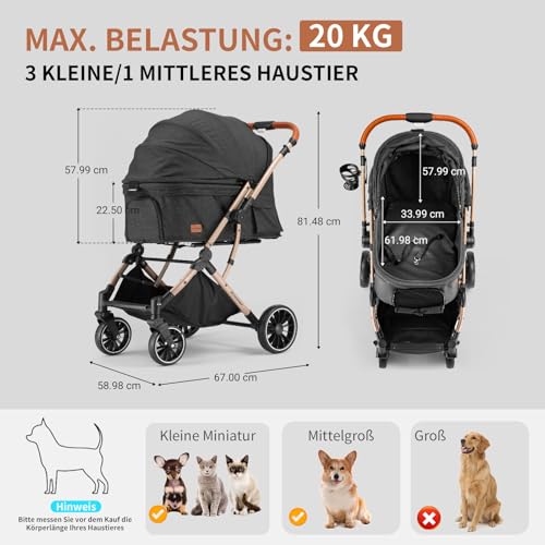 EchoSmile Ein-Knopf-Falt Hundewagen, Hundebuggy bis 20kg für kleine mittel Hunde & Katzen, Hunde Buggy & Katzenwagen mit Umkehrbarer Griff, Stoßdämpfung & Abnehmbares Waschbares Pad (Schwarz)