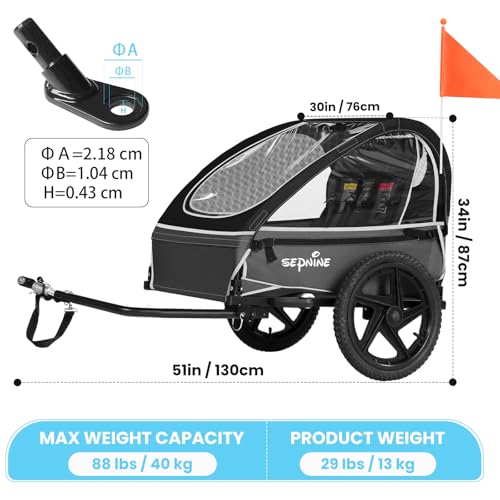 Image of Sepnine Kids Bike Trailer, Suitable for 1 to 2 Kids, 12+ Months, Quick Attach to Bike, Foldable, with 5-Point Harness and Storage Bags
