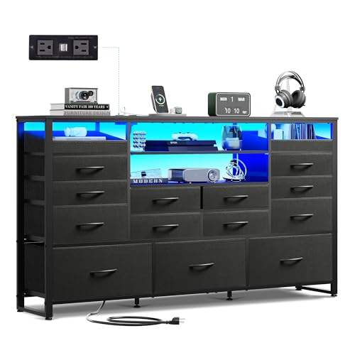 WLIVE Black TV Stand with LED Lights and Drawers