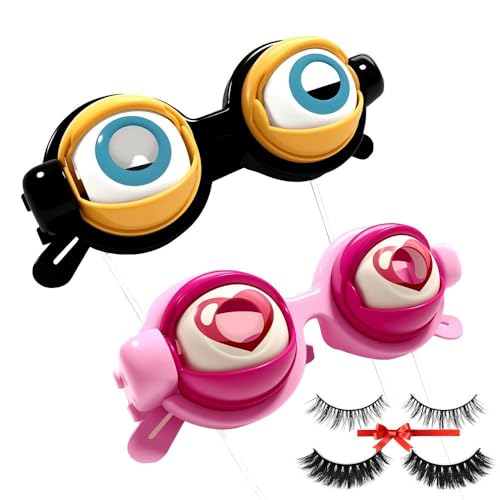 Crazy Blinking Eye Glasses with 3 Pairs Self Adhesive Lashes Novelty Funny Party Costume Props For Adults (Yellow+Pink)